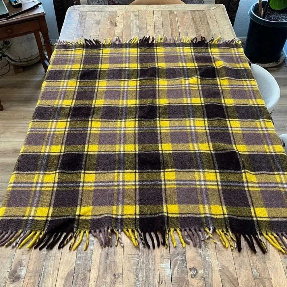 Unbranded Yellow Brown Wool Plaid Checkered Fringe Throw Blanket 46